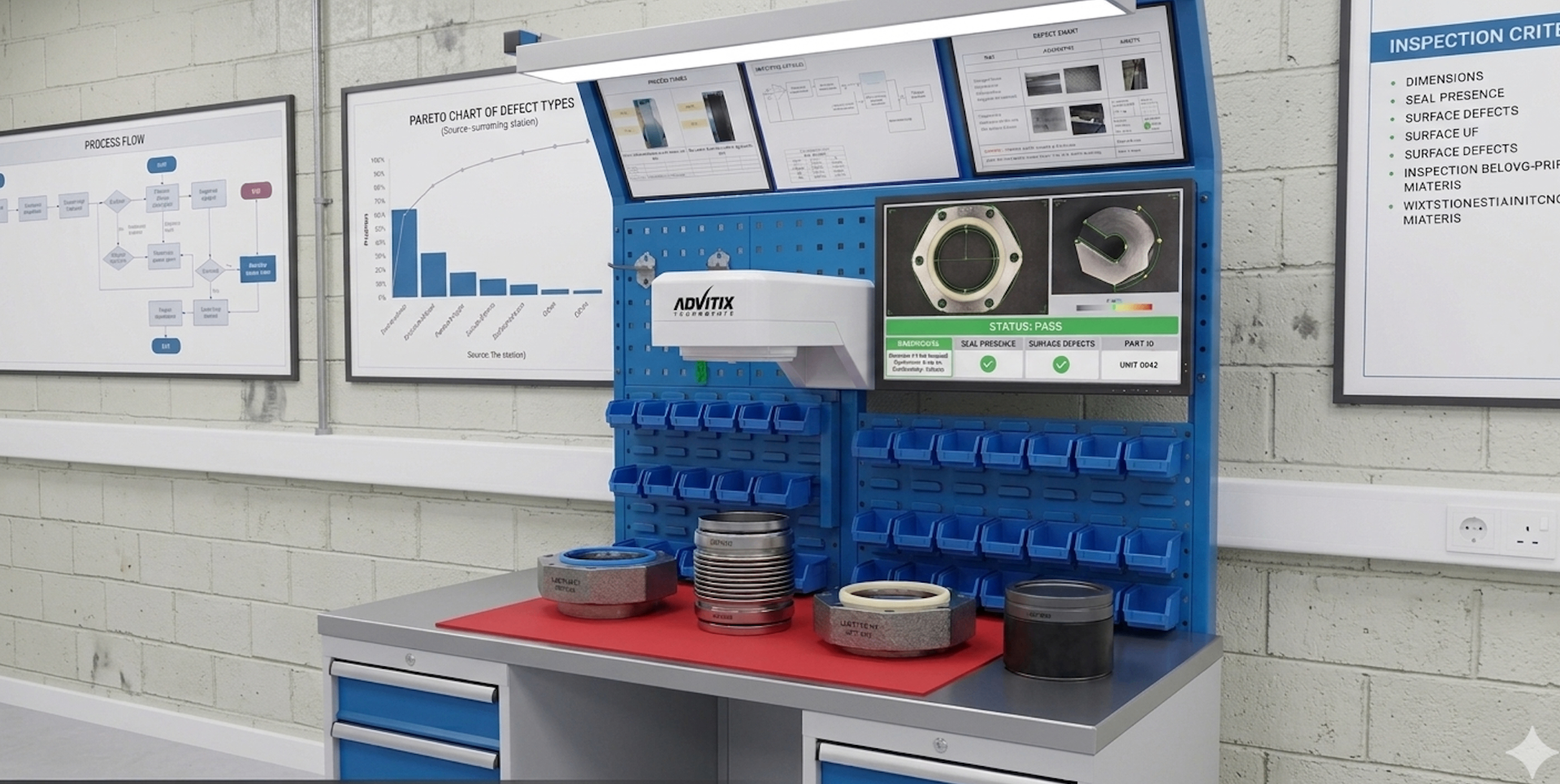Advitiix inspection station on a workbench with hydraulic cylinder components, dashboard showing seal presence and surface defect checks with PASS status