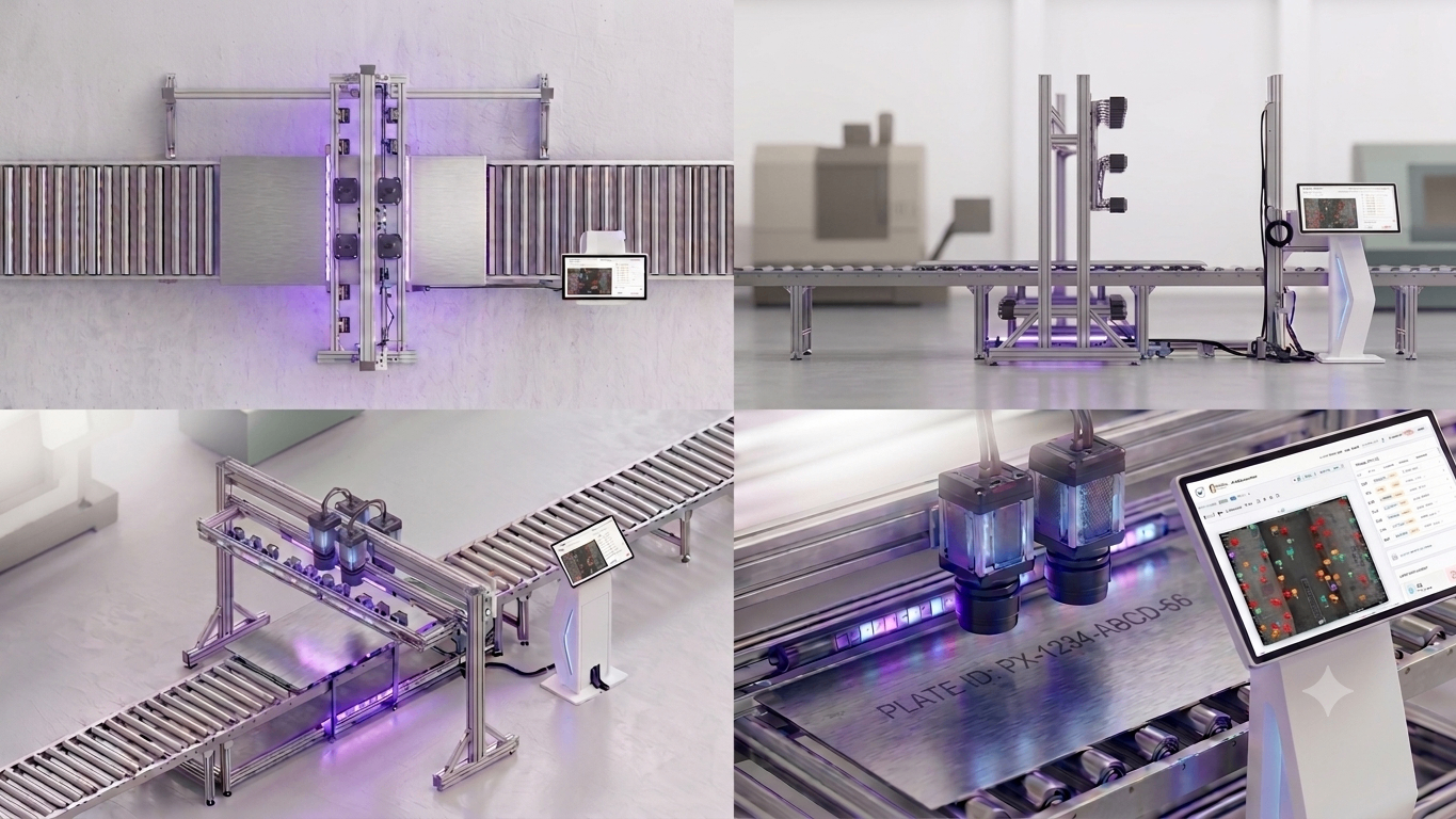 Advitiix AI-Inspect® gantry station scanning a metal plate on a roller conveyor with operator kiosk