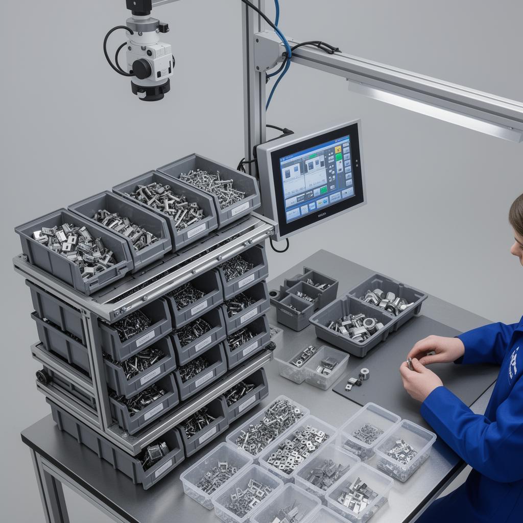 Manual static assembly station with stacked tiered part bins